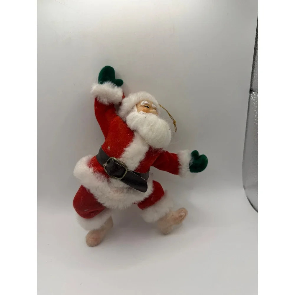 Vintage Mid Century Flocked‎ Santa Claus Christmas Ornament Poseable Red 7 Inch